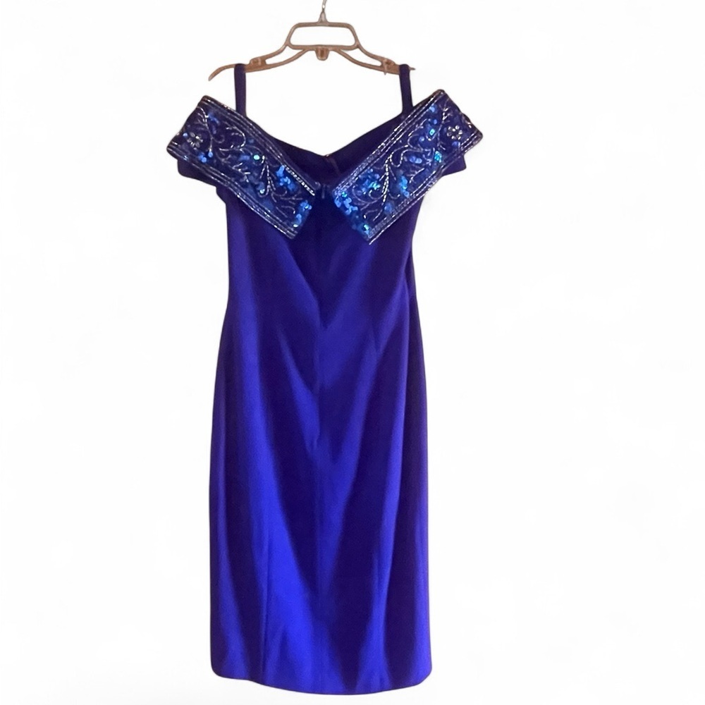 A.J. Bari Royal Blue One-Shoulder Evening Dress with Embellished Collar